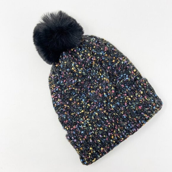 Confetti Cable Knit Pom Pom Beanie Stocking Cap Black - Picture 3 of 6